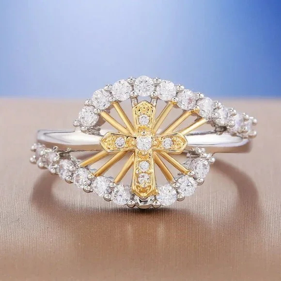 Gorgeous Two-Tone Gold Sterling Silver Diamond Cross Ring - Picture 4 of 5